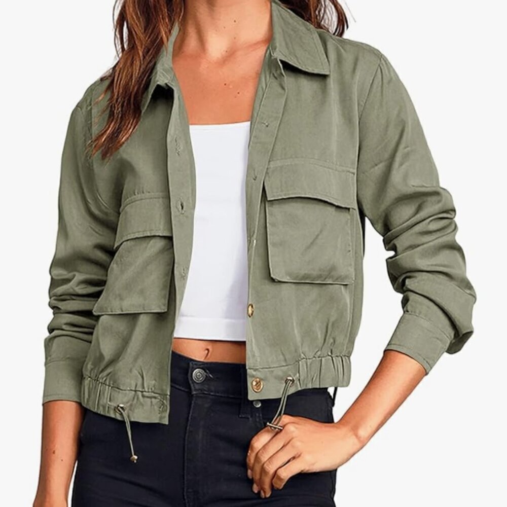 Onedreamer Army Green Cropped Safari Jacket Size XS Lightweight Utility Layer